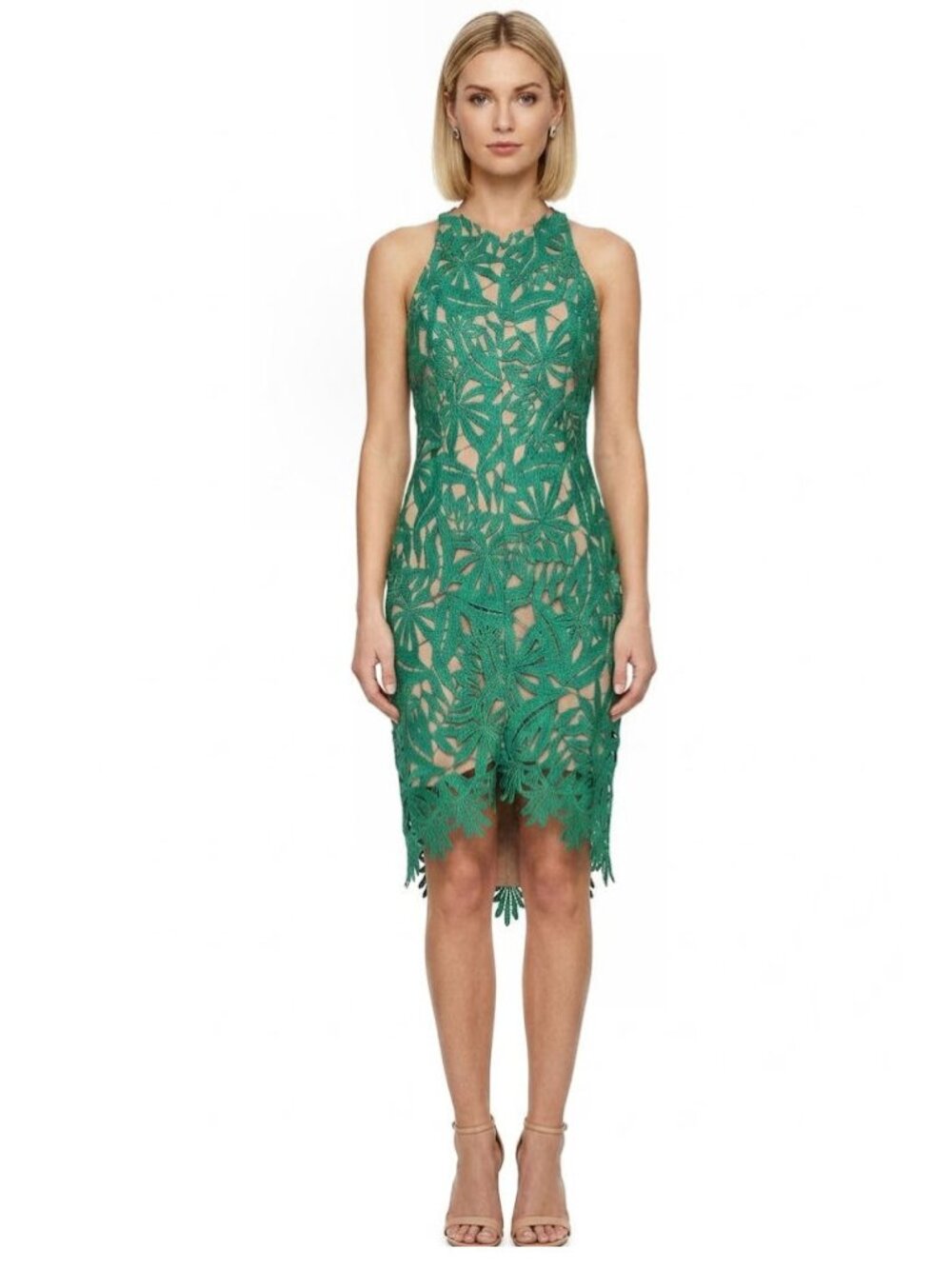 Adelyn Rae Lace Halter Nude Lining Sheath Cocktail Dress, Green, Womens Size M